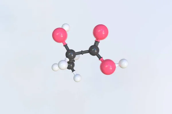 젖산의 분자 모형, 고립된 분자 모형. 3D 렌더링 — 스톡 사진