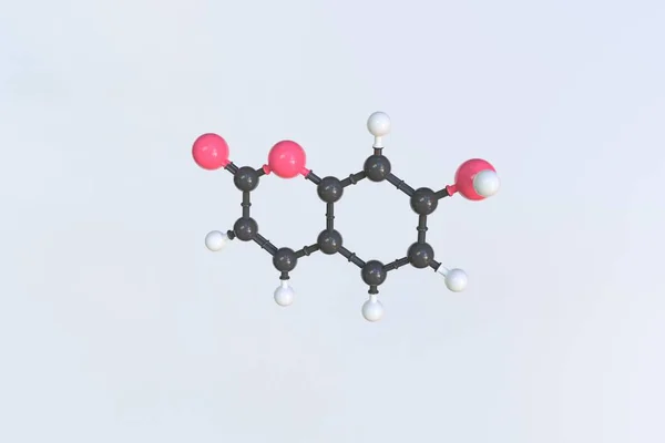 Молекула Умбеллиферона, сделанная из шаров, изолированная молекулярная модель. 3D рендеринг — стоковое фото