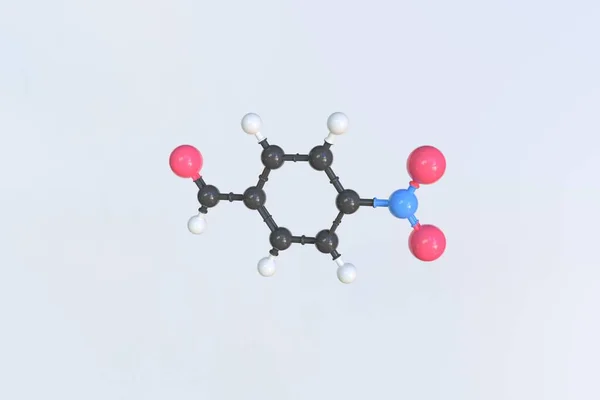 Molécula de dehído P-nitro-benzal fabricada con bolas, modelo molecular aislado. Renderizado 3D —  Fotos de Stock