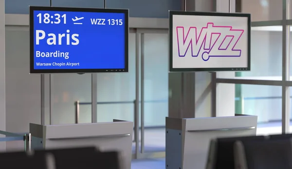 Varşova Chopin havaalanından Paris 'e WIZZ Hava Yolları. 3d düzenleme — Stok fotoğraf