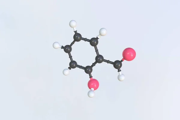 Molecola di salicilaldeide fatta con sfere, modello molecolare isolato. Rendering 3D — Foto Stock