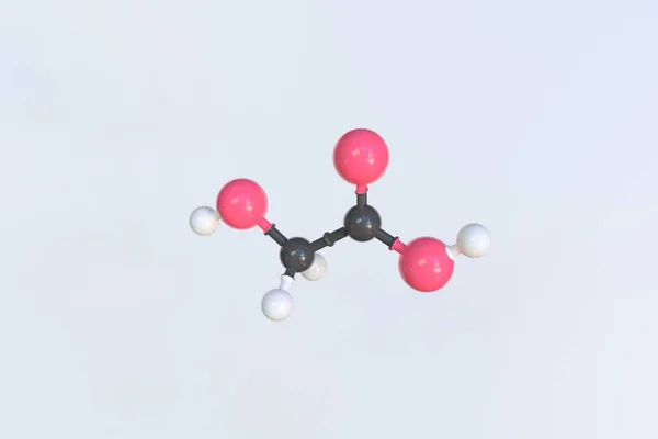Glykolsäure-Molekül aus Kugeln, wissenschaftliches Molekularmodell. 3D-Rendering — Stockfoto