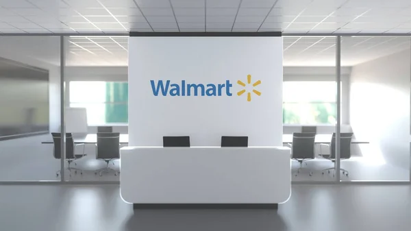 Logo of WALMART, INC. on a wall in the modern office, editorial conceptual 3D rendering — Stock Photo, Image