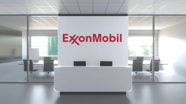 Exxon Mobil在现代办公室墙上的标志，编辑概念3D渲染 — 图库照片