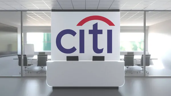 Citi logo boven receptie in het moderne kantoor, redactionele conceptuele 3d weergave — Stockfoto
