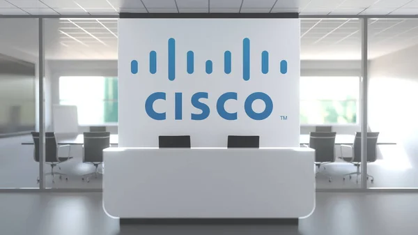 Logotipo de CISCO en una pared en la oficina moderna, representación conceptual editorial 3D — Foto de Stock
