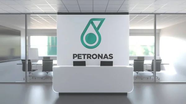 Logotipo de PETRONAS en una pared en la oficina moderna, representación conceptual editorial 3D — Foto de Stock