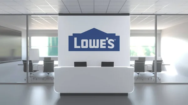 Logotipo de LOWES em uma parede no escritório moderno, editorial conceitual renderização 3D — Fotografia de Stock