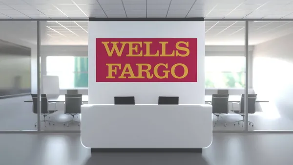 WELLS FARGO logotyp ovanför receptionen i det moderna kontoret, redaktionell konceptuell 3D-rendering — Stockfoto