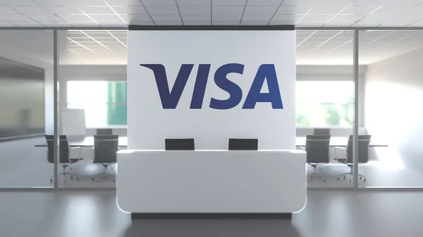 Логотип VISA на стене в современном офисе, редакционная концептуальная 3D рендеринг — стоковое фото