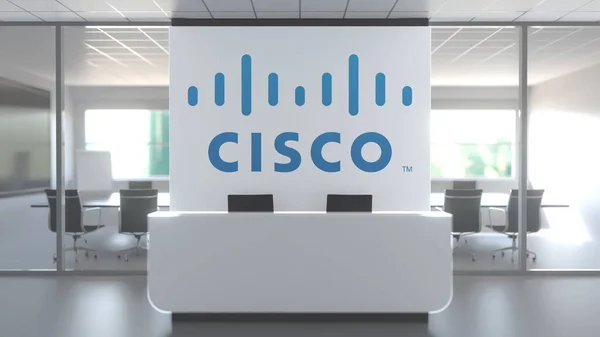 Logo von cisco an einer Wand im modernen Büro, redaktionelle konzeptionelle 3D-Darstellung Stockfoto