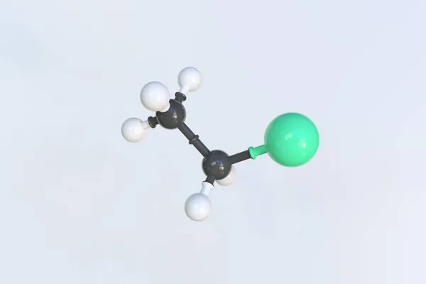 Molécula de cloreto de etilo feita com bolas, modelo molecular científico. Renderização 3D — Fotografia de Stock