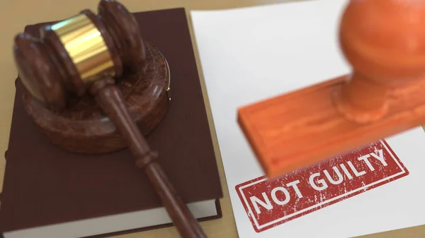 Gavel and NOT GUILTY stamp on the paper. Court related 3d rendering — Stock Photo, Image