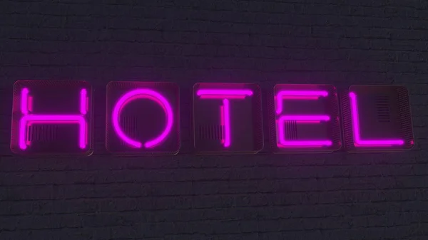 HOTEL bord gemaakt met gloeiende neon letters in het donker. 3D-weergave — Stockfoto