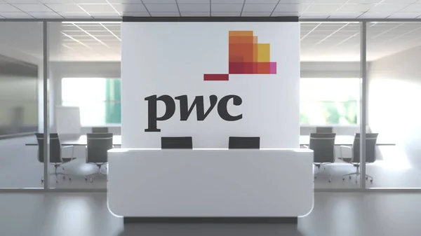 現代オフィスの壁にPWCのロゴ、編集3Dレンダリング — ストック写真