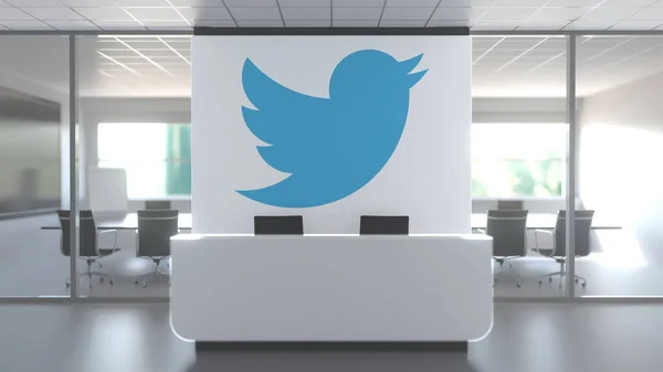 Logotipo TWITTER por encima de la recepción en la oficina moderna, representación conceptual editorial 3D — Foto de Stock