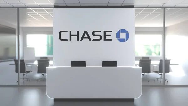 CHASE logo above reception desk in the modern office, editorial conceptual 3D rendering — Stock Photo, Image