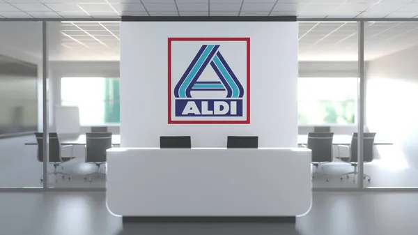 Logo Aldi v moderní kanceláři a zasedací místnost, redakční koncepční 3D vykreslování — Stock fotografie
