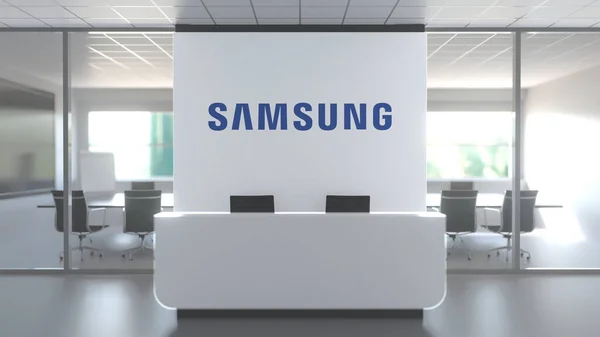 Логотип SAMSUNG на стене в современном офисе, редакционная концептуальная 3D рендеринг — стоковое фото