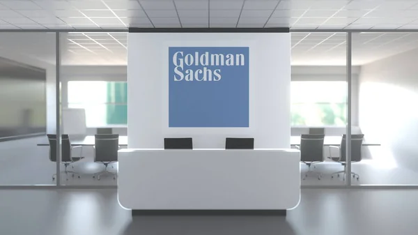 現代的なオフィスの壁にあるゴールドマン・サックスのロゴ、編集概念的な3Dレンダリング — ストック写真