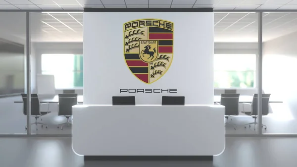 Logo de PORSCHE sur un mur dans le bureau moderne, rendu 3D conceptuel éditorial — Photo