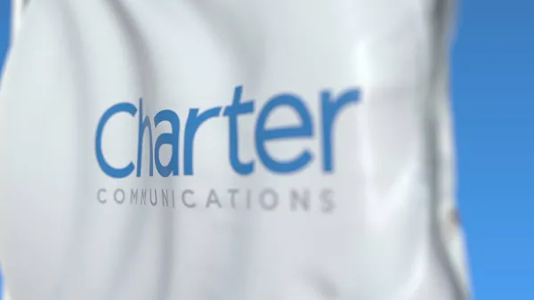 Flagge mit Charter Communications Logo, Nahaufnahme. Editorisches 3D-Rendering — Stockfoto
