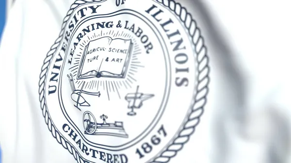 Illinois Üniversitesi Urbana Champaign amblemli el sallama bayrağı, yakın plan. 3B Düzenleme — Stok fotoğraf