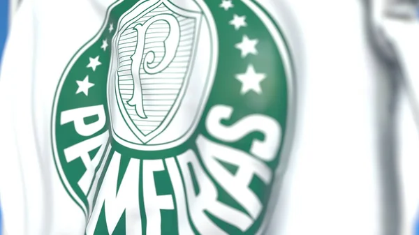 Zwaaiende vlag met Palmeiras Football Club logo, close-up. Redactionele 3D-rendering — Stockfoto