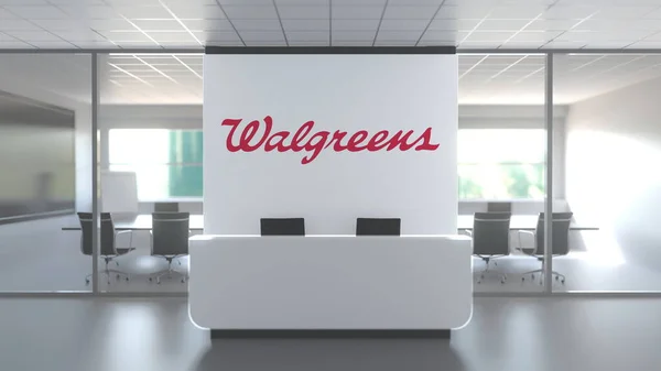 Walgreens logó modern irodában és tárgyalóban, szerkesztőségi koncepció 3D-s renderelés — Stock Fotó