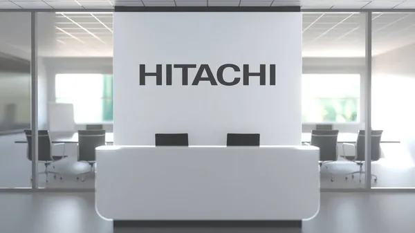 Λογότυπο του Hitachi σε έναν τοίχο στο σύγχρονο γραφείο, συντακτική εννοιολογική 3d απόδοση — Φωτογραφία Αρχείου