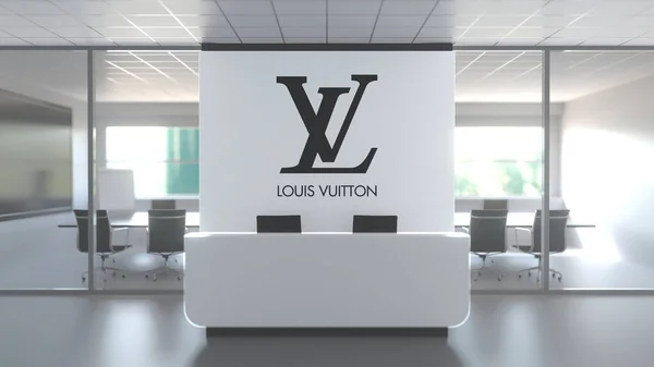 Logo LOUIS VUITTON di atas meja resepsionis di kantor modern, editorial konseptual 3D rendering — Stok Foto