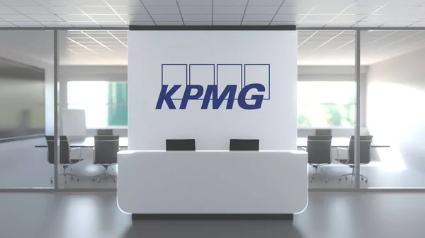 Kpmg logotyp ovanför receptionen i det moderna kontoret, redaktionell konceptuell 3D-rendering — Stockfoto