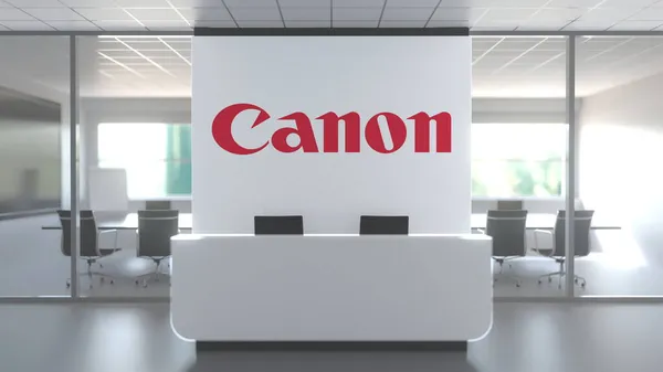 Canon logo boven receptie in het moderne kantoor, redactionele conceptuele 3d weergave — Stockfoto