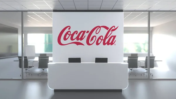 Logo dari COCA-COLA di dinding kantor modern, editorial konseptual 3D rendering — Stok Foto