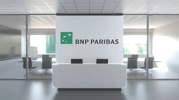 現代的なオフィスの壁にBnpパリバスのロゴ,編集概念的な3Dレンダリング — ストック写真