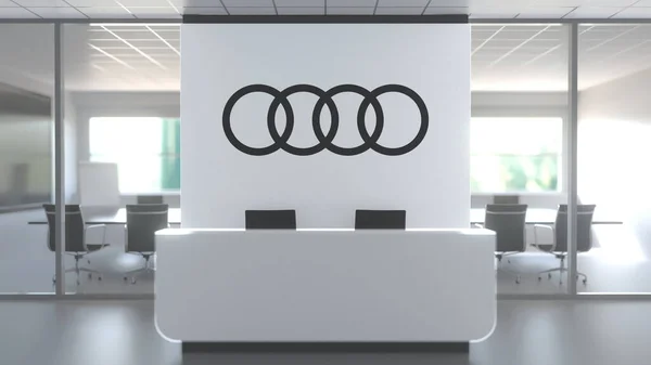 Logotipo de AUDI em uma parede no escritório moderno, editorial conceitual renderização 3D — Fotografia de Stock