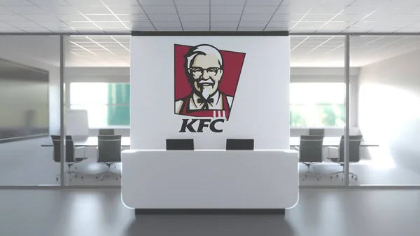 Logo Kfc nad recepcí v moderní kanceláři, redakční koncepční 3D vykreslování — Stock fotografie