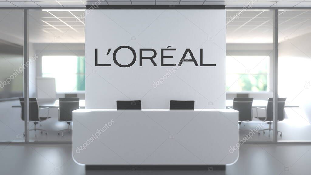 Logo on a wall in the modern office, editorial conceptual 3D