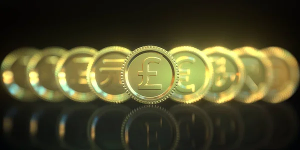 黒を背景に黄金のコインにポンドのスターリングや他の通貨記号。外国為替関連の概念3Dレンダリング — ストック写真