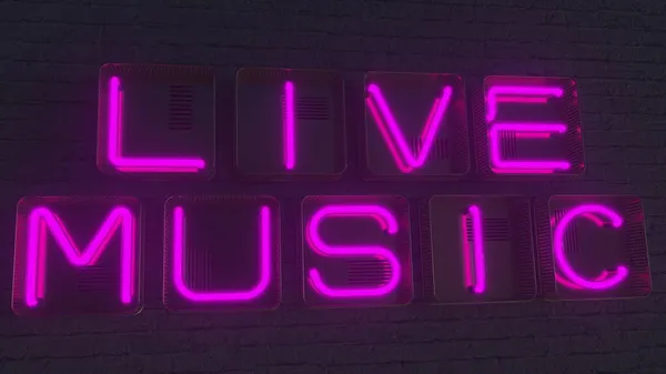暗闇に輝くネオン文字で作られたLIVE MUSICの看板。3Dレンダリング — ストック写真