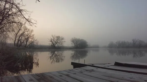 Дерев'яний пірс і матова трава на озері в холодний пізній сильний ранок — стокове фото