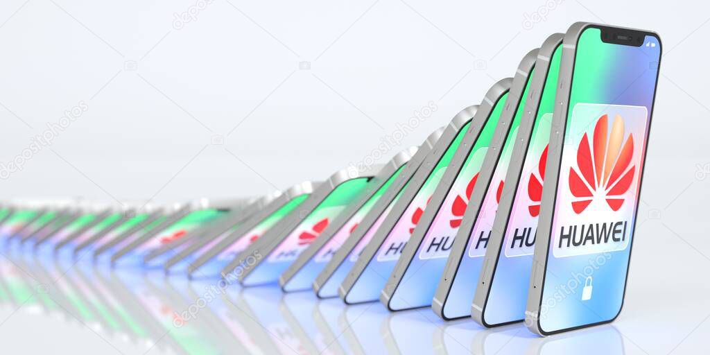 Falling mobile phones with logo of HUAWEI on the displays