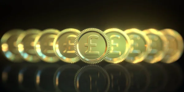 Símbolos de libra esterlina em moedas de ouro em fundo preto. Renderização 3D conceitual — Fotografia de Stock