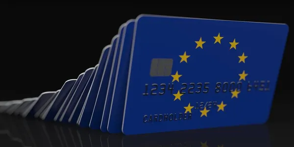 Effet domino, baisse des cartes de crédit avec drapeau de l'Union européenne, données fictives sur les maquettes de cartes. Rendu 3d lié à la crise financière — Photo