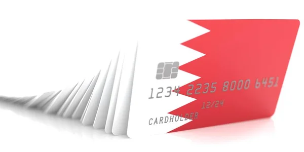 Gefallene Kreditkarten mit Flaggen Bahrains auf weißem Hintergrund, 3D-Darstellung — Stockfoto