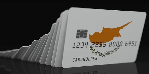 Fallende Plastikkarten mit der Flagge Zyperns auf dunklem Hintergrund, fiktive Daten auf Kartenattrappen. Konzeptionelle 3D-Darstellung der Wirtschaftskrise — Stockfoto