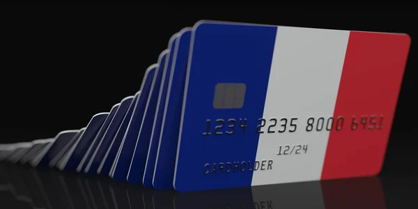 도미노 효과, 프랑스 국기와 함께 떨어진 신용 카드. 카드 샘플에 대한 가짜 데이터. 은행 붕괴 개념 3d 렌더링 — 스톡 사진