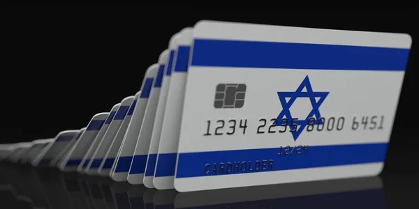 Fallande plastkort med israelisk flagga på mörk bakgrund, fiktiva uppgifter om kortmodeller. Begreppsmässig 3d-tolkning vid ekonomisk kris — Stockfoto
