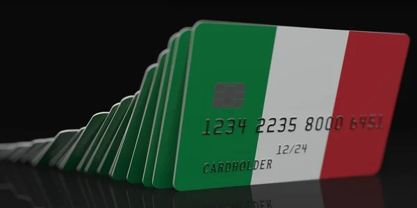 Domino effect, falling credit cards with flag of Italy, fictional data on card mockups. Financial crisis related 3d rendering