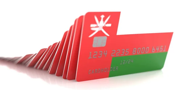 Effetto domino con caduta carte di credito con bandiere dell'Oman. Rendering concettuale 3d — Foto Stock